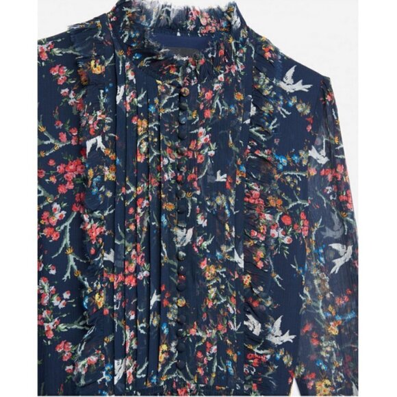 💕THE KOOPLES💕 Blue Bird Print Dress ~ Floral Long Sleeve 100% Silk Crepe Small - Picture 8 of 16